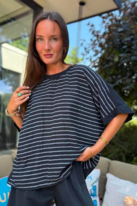 Below Deck Cheesecloth Stripe Tee Black